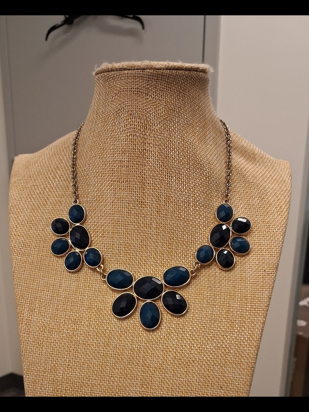 Gold-Tone Navy Blue Gemstone Cluster Necklace